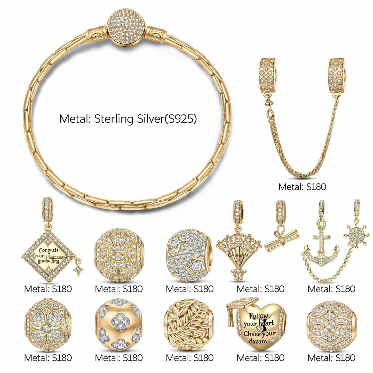 Sterling Silver Heartwarming Success Charms Bracelet Set In 14K Gold Plated (Includes bracelet and all charms shown)