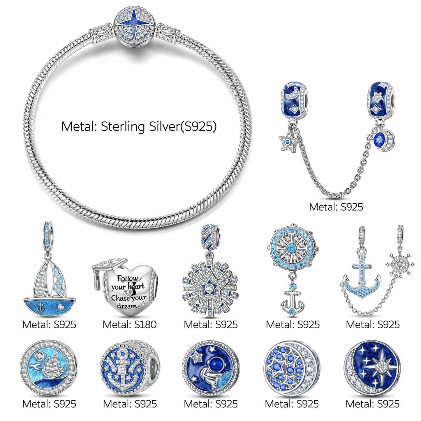 Sterling Silver Dreams Set Sail Charms Bracelet Set With Enamel In White Gold Plated (Includes bracelet and all charms shown)