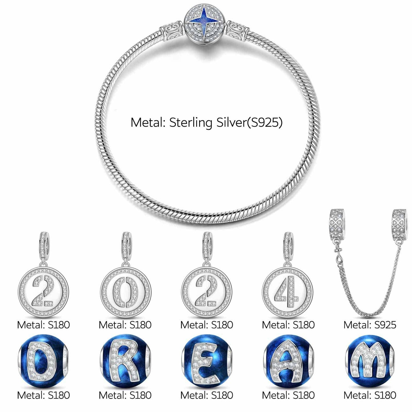 Sterling Silver Dreams' Beginnings Charms Bracelet Set With Enamel In White Gold Plated (Includes bracelet and all charms shown)