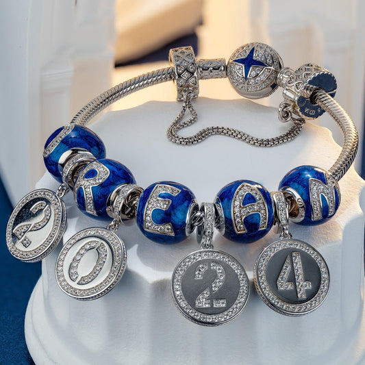 gon- Sterling Silver Dreams' Beginnings Charms Bracelet Set With Enamel In White Gold Plated (Includes bracelet and all charms shown)