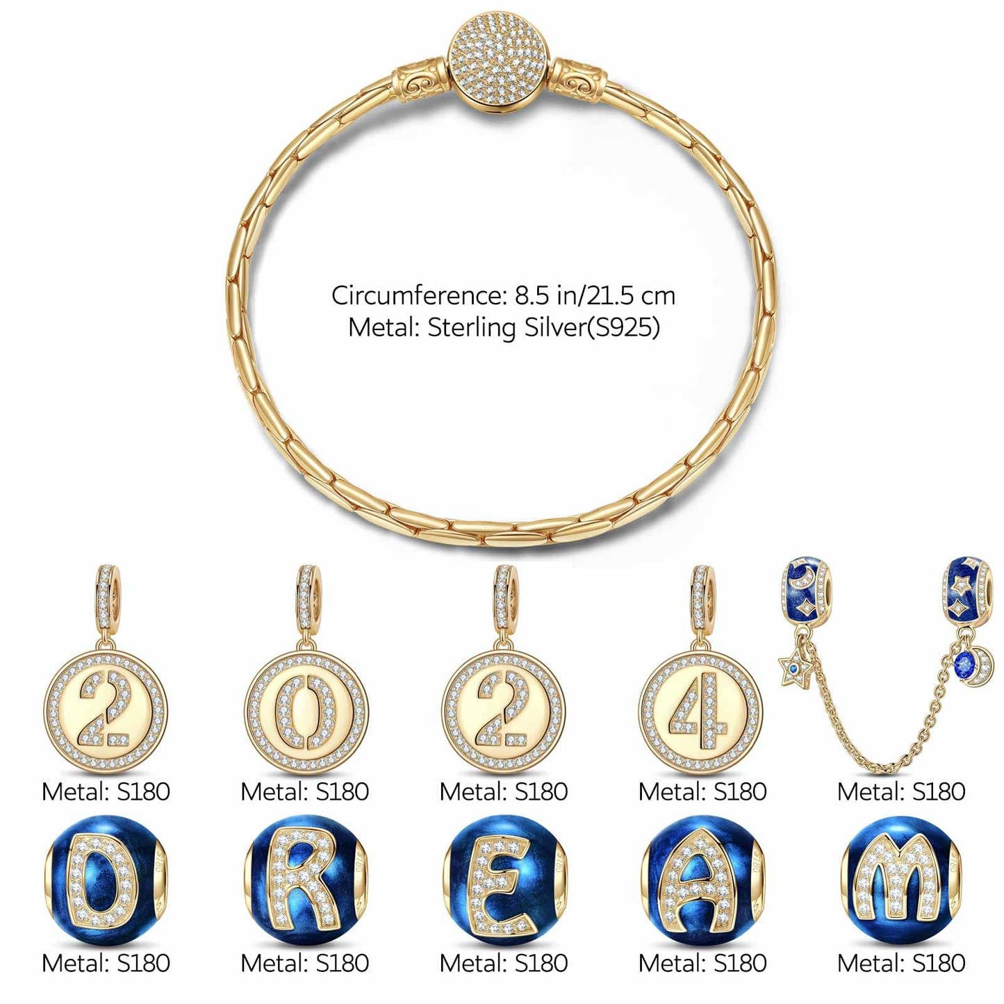 Sterling Silver Dreams' Beginnings Charms Bracelet Set With Enamel In 14K Gold Plated (Includes bracelet and all charms shown)