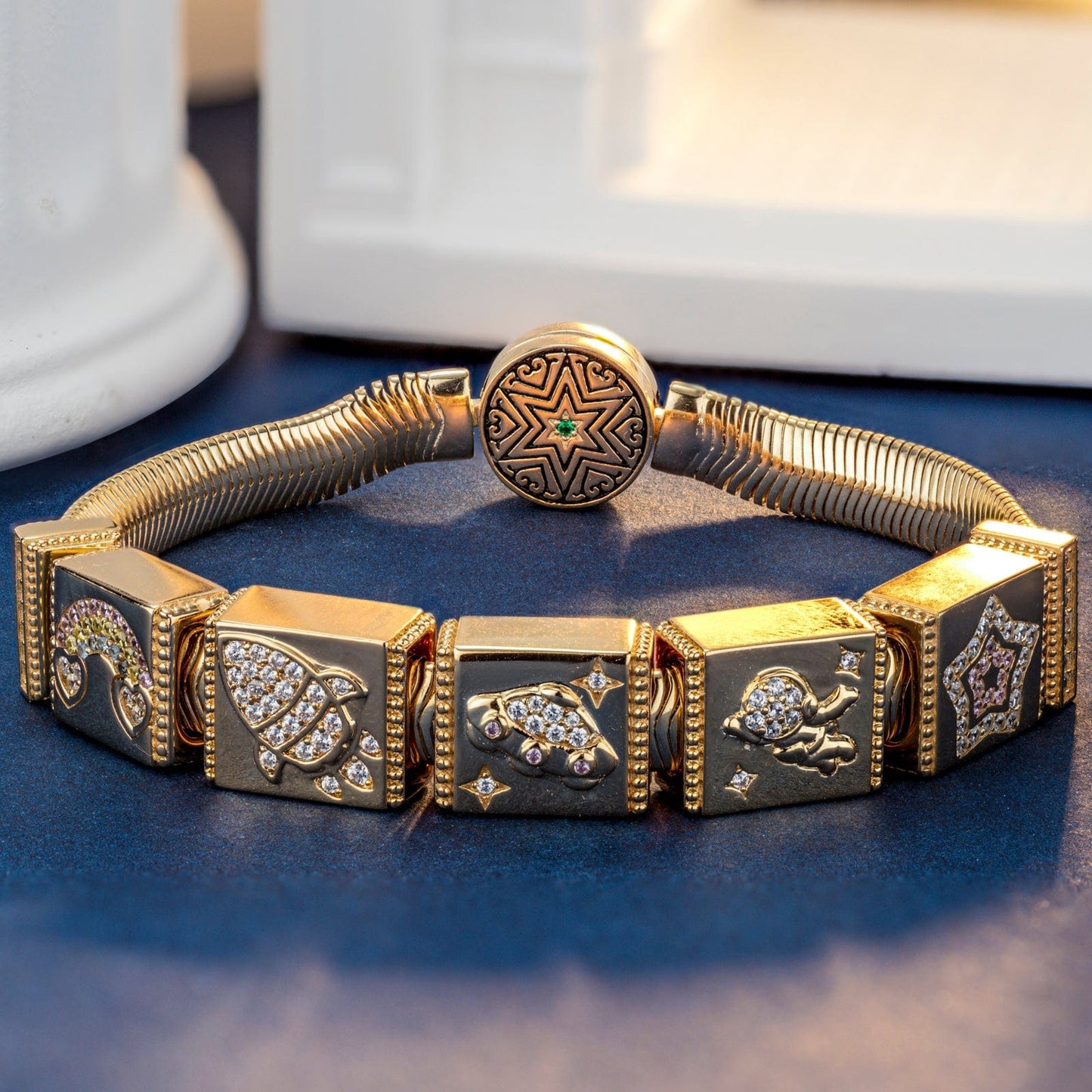 Sterling Silver Cosmic Exploration Rectangular Charms Bracelet Set In 14K Gold Plated