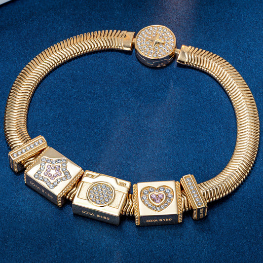 gon- Sterling Silver Memories Starlight Rectangular Charms Bracelet Set In 14K Gold Plated