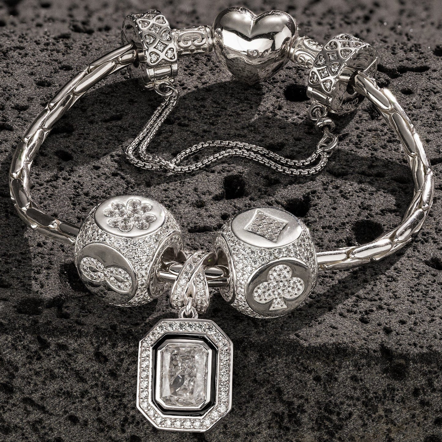 Sterling Silver Interlaced Fate Charms Bracelet Set With Enamel In White Gold Plated (Includes bracelet and all charms shown)