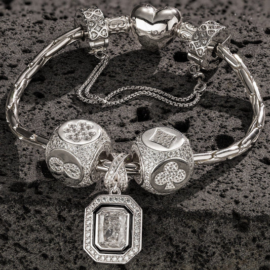 gon- Sterling Silver Interlaced Fate Charms Bracelet Set With Enamel In White Gold Plated (Includes bracelet and all charms shown)