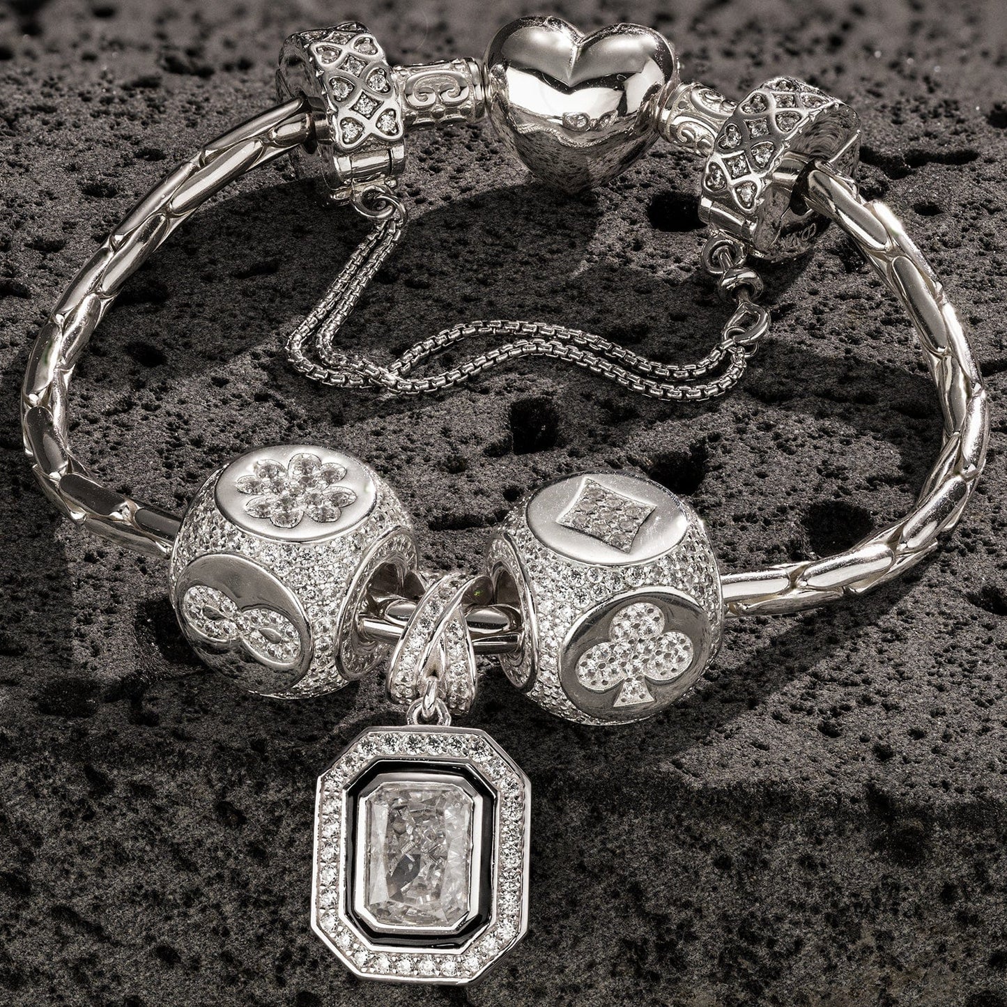 Sterling Silver Interlaced Fate Charms Bracelet Set With Enamel In White Gold Plated (Includes bracelet and all charms shown)
