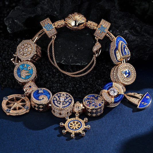 gona- Sterling Silver Dance with the Sea Charms Bracelet Set With Enamel In 14K Gold Plated (Includes bracelet and all charms shown)