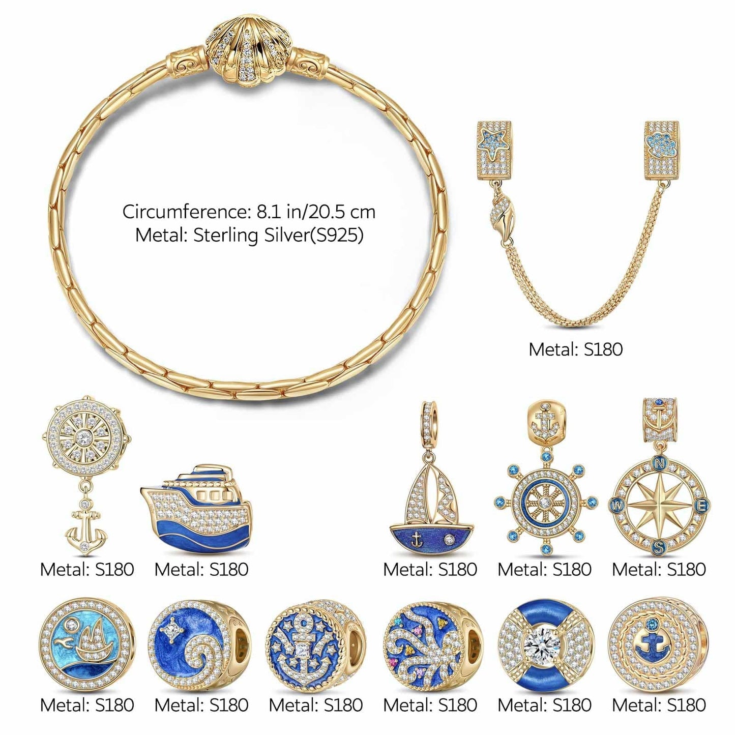 Sterling Silver Dance with the Sea Charms Bracelet Set With Enamel In 14K Gold Plated (Includes bracelet and all charms shown)