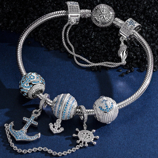gona- Sterling Silver Anchor of Hope Charms Bracelet Set In White Gold Plated (Includes bracelet and all charms shown)