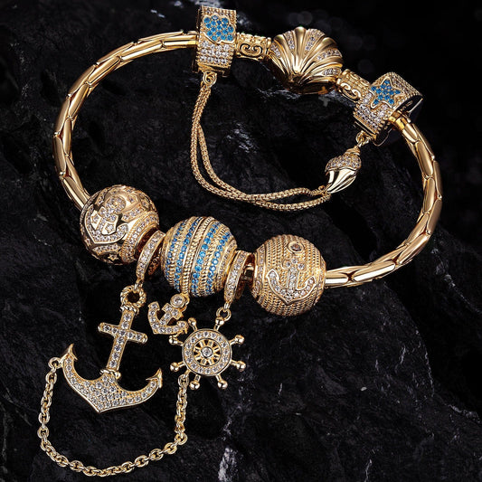 gona- Sterling Silver Anchor of Hope Charms Bracelet Set In 14K Gold Plated (Includes bracelet and all charms shown)