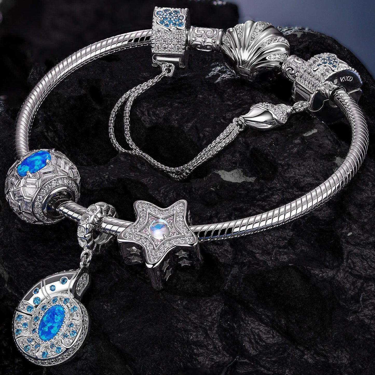 Sterling Silver Starlit Treasures Moonstone Charms Bracelet Set In White Gold Plated (Includes bracelet and all charms shown)