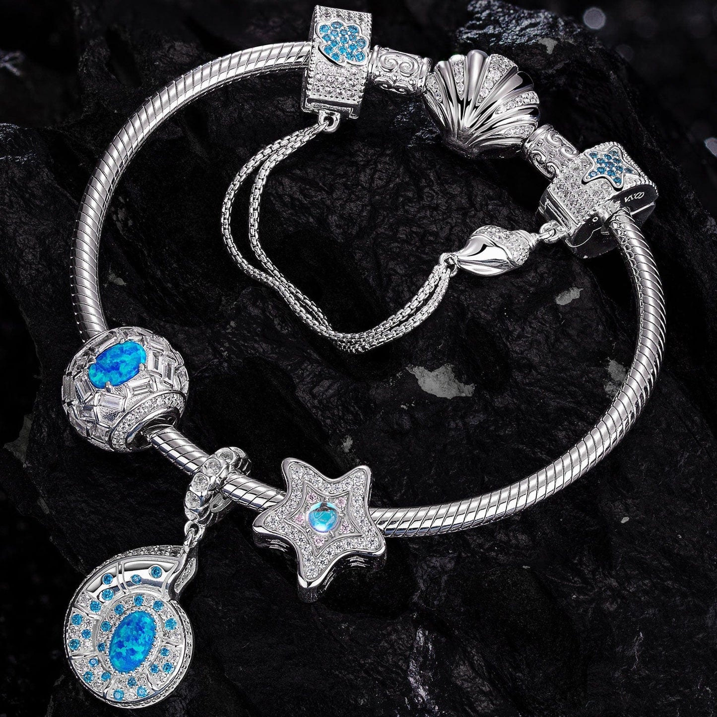 Sterling Silver Starlit Treasures Moonstone Charms Bracelet Set In White Gold Plated (Includes bracelet and all charms shown)