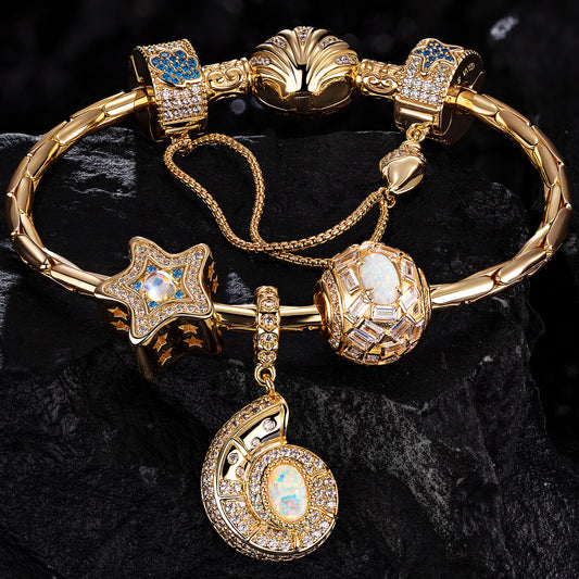 gon- Sterling Silver Starlit Treasures Moonstone Charms Bracelet Set In 14K Gold Plated