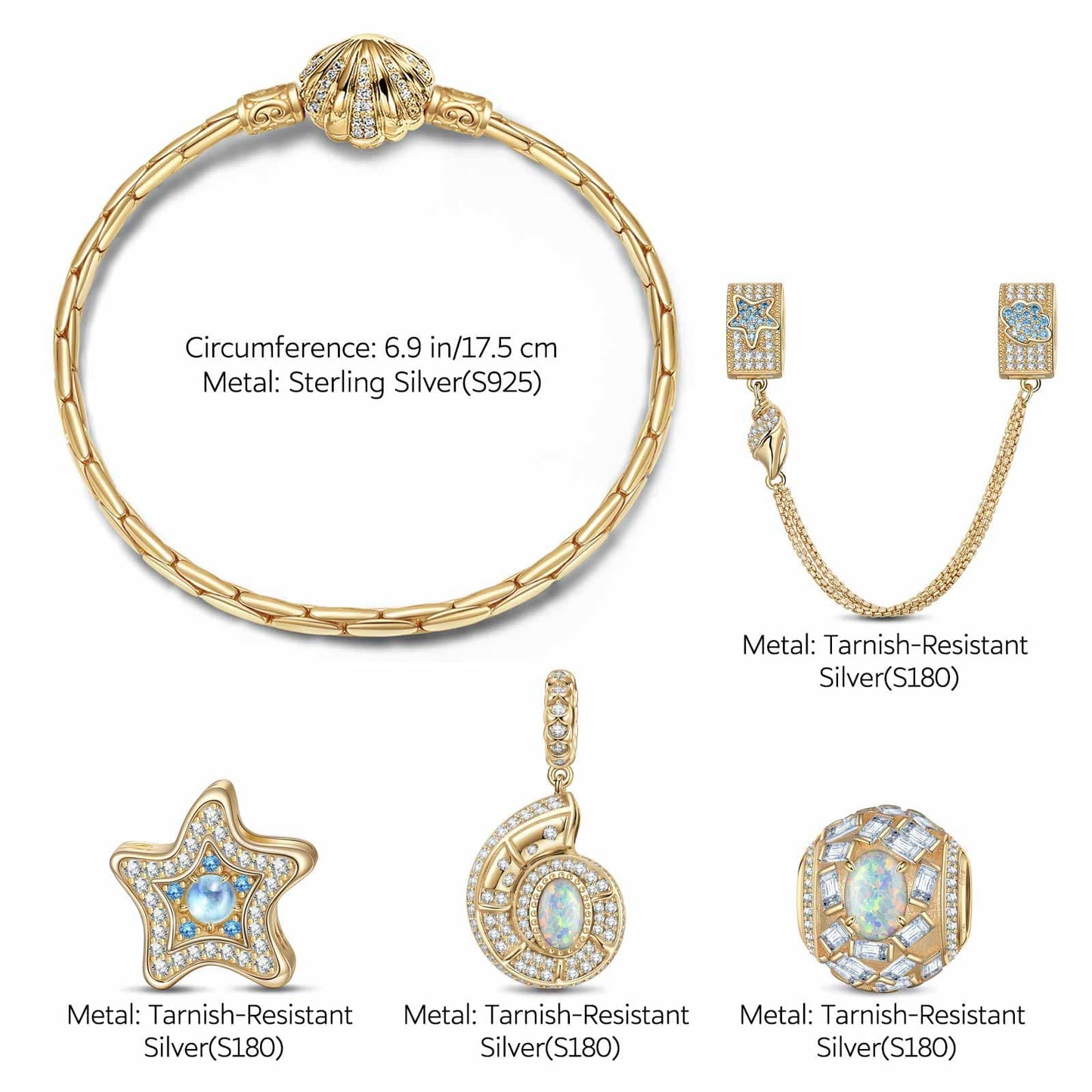 Sterling Silver Starlit Treasures Moonstone Charms Bracelet Set In 14K Gold Plated