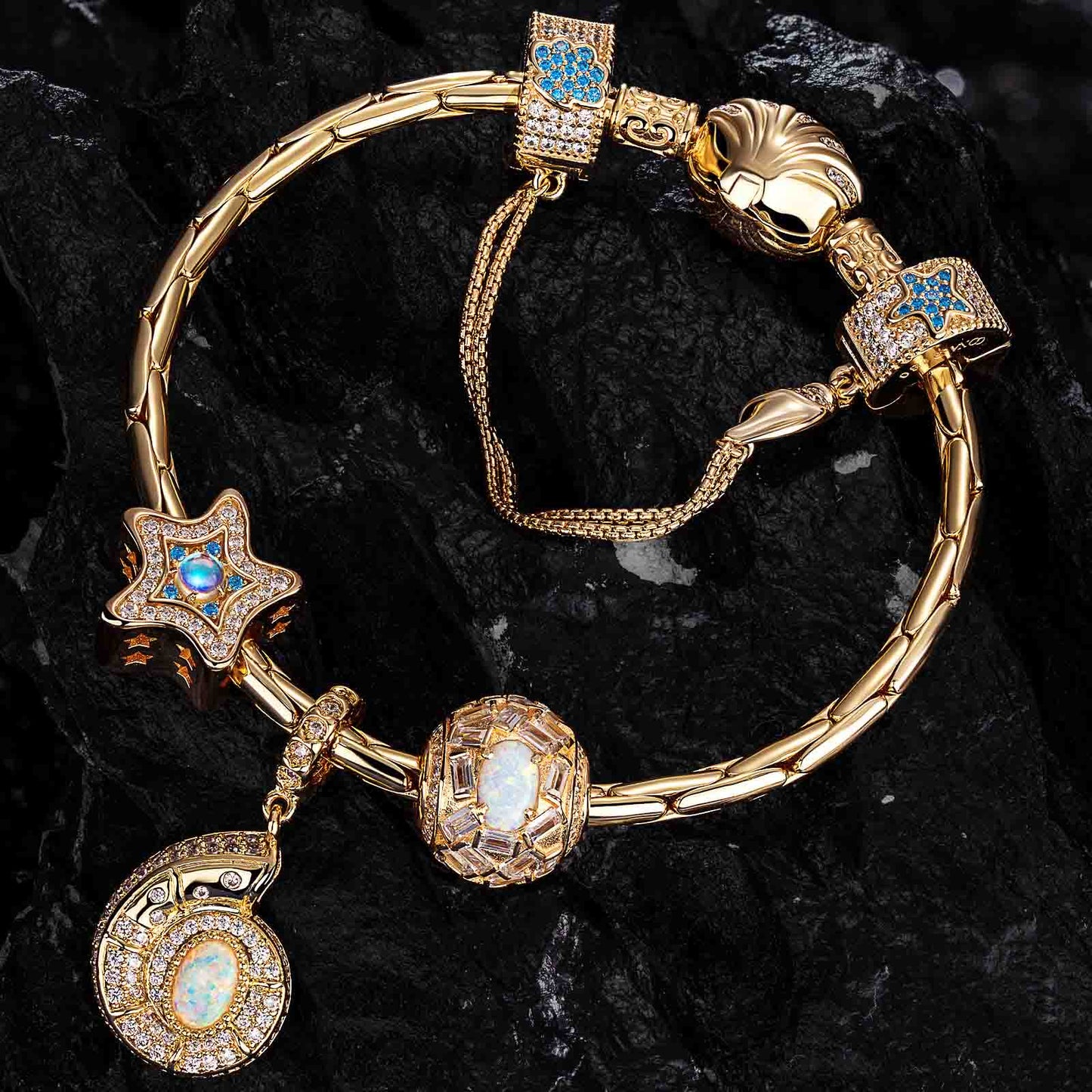 Sterling Silver Starlit Treasures Moonstone Charms Bracelet Set In 14K Gold Plated