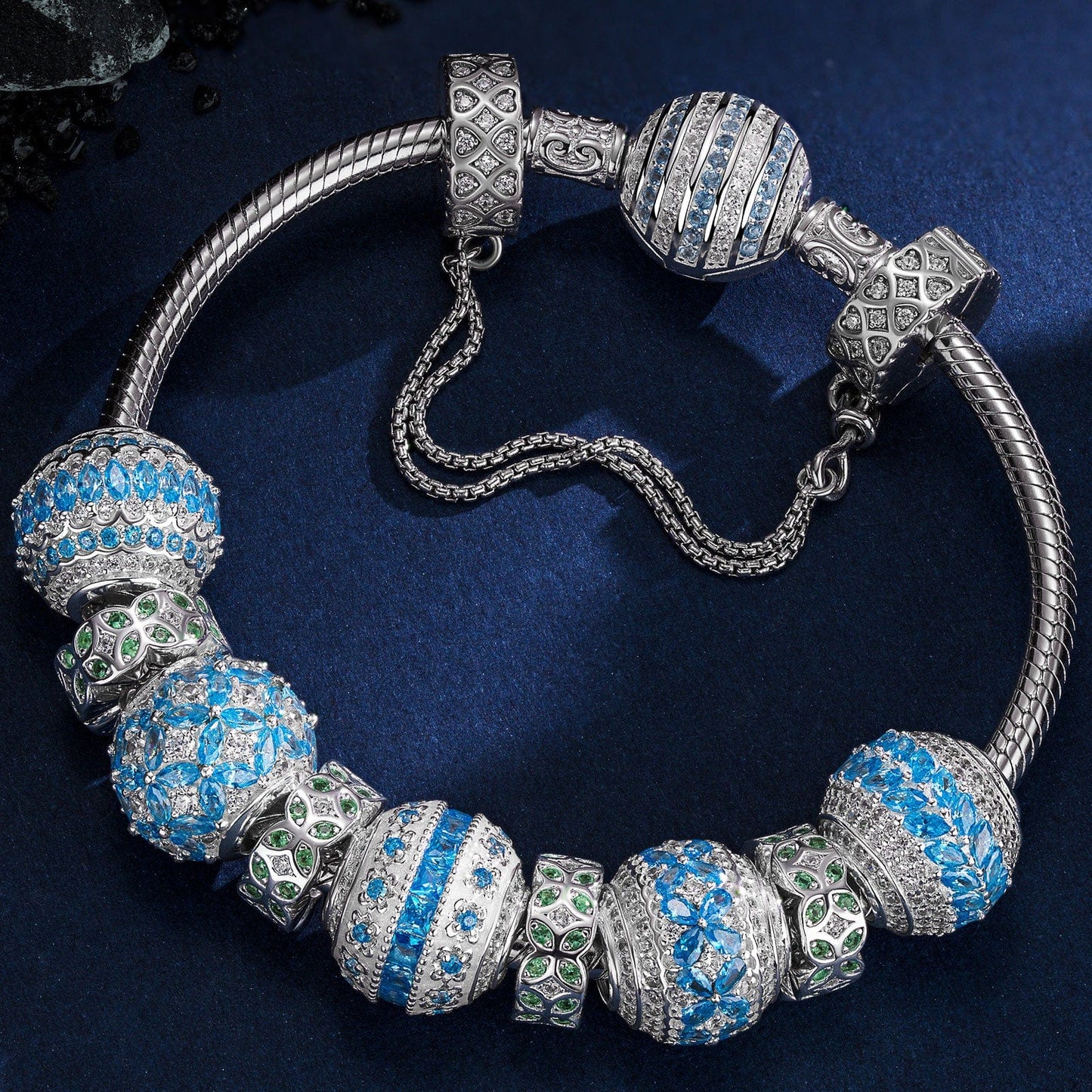 Sterling Silver Blue Horizon Harmony Charms Bracelet Set In White Gold Plated (Includes bracelet and all charms shown)