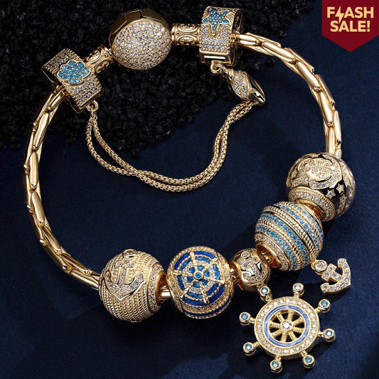 gon- Sterling Silver Anchor of Wisdom Charms Bracelet Set With Enamel In 14K Gold Plated (Includes bracelet and all charms shown)