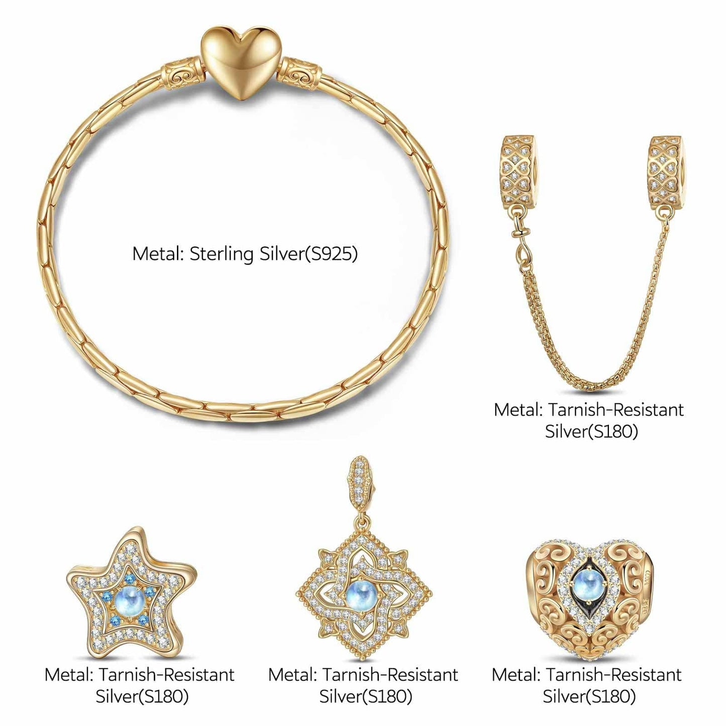 Sterling Silver Submerged Moonstone Charms Bracelet Set In 14K Gold Plated (Includes bracelet and all charms shown)