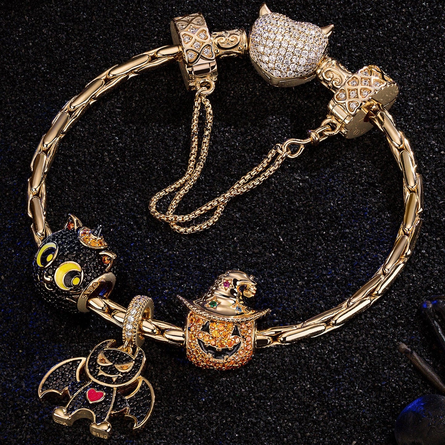 Sterling Silver Playful Monsters Charms Bracelet Set With Enamel In 14K Gold Plated