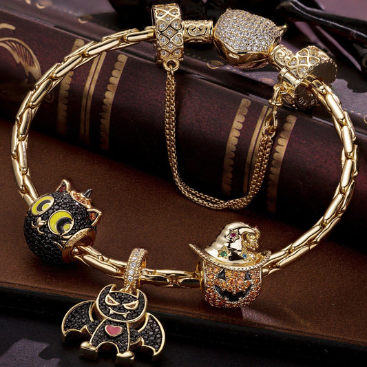 gon- Sterling Silver Playful Monsters Charms Bracelet Set With Enamel In 14K Gold Plated (Includes bracelet and all charms shown)