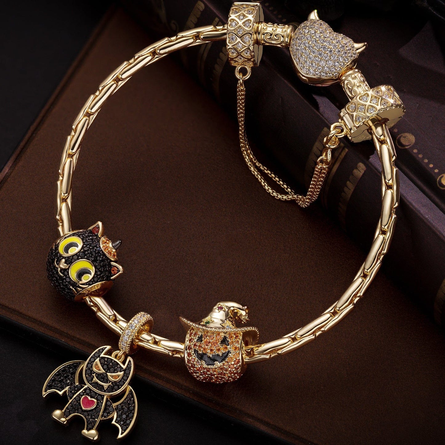 Sterling Silver Playful Monsters Charms Bracelet Set With Enamel In 14K Gold Plated