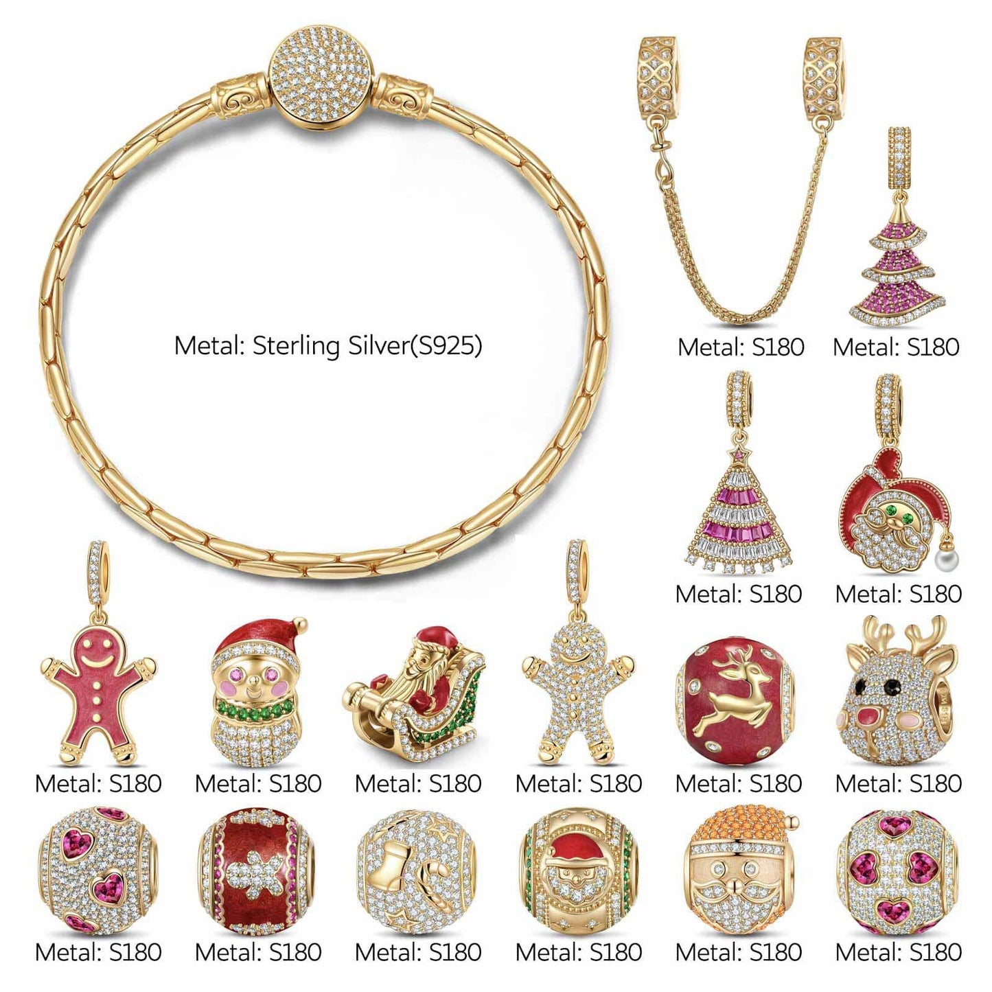 Sterling Silver Santa's Magical World Charms Bracelet Set With Enamel In 14K Gold Plated (Includes bracelet and all charms shown)