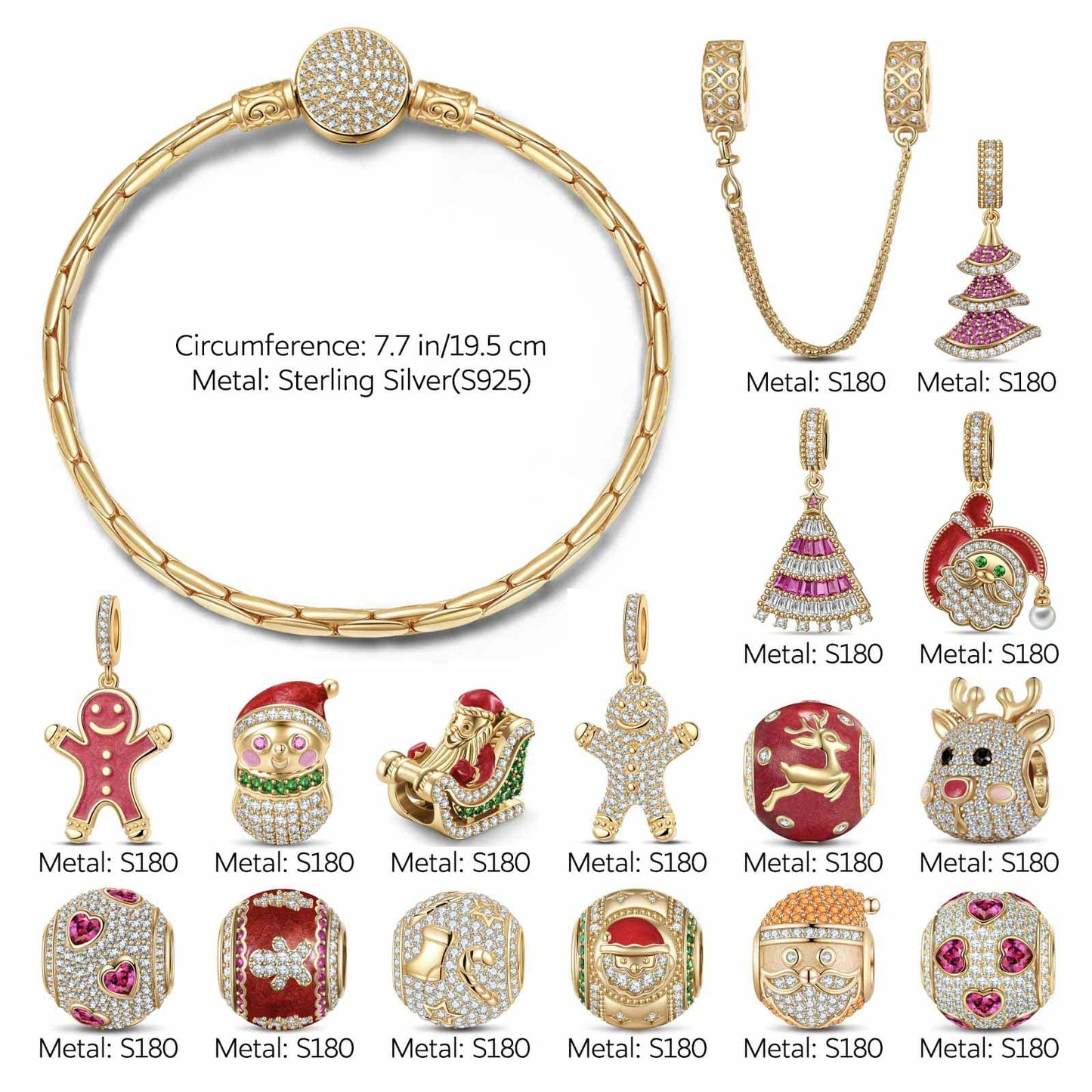 Sterling Silver Santa's Magical World Charms Bracelet Set With Enamel In 14K Gold Plated