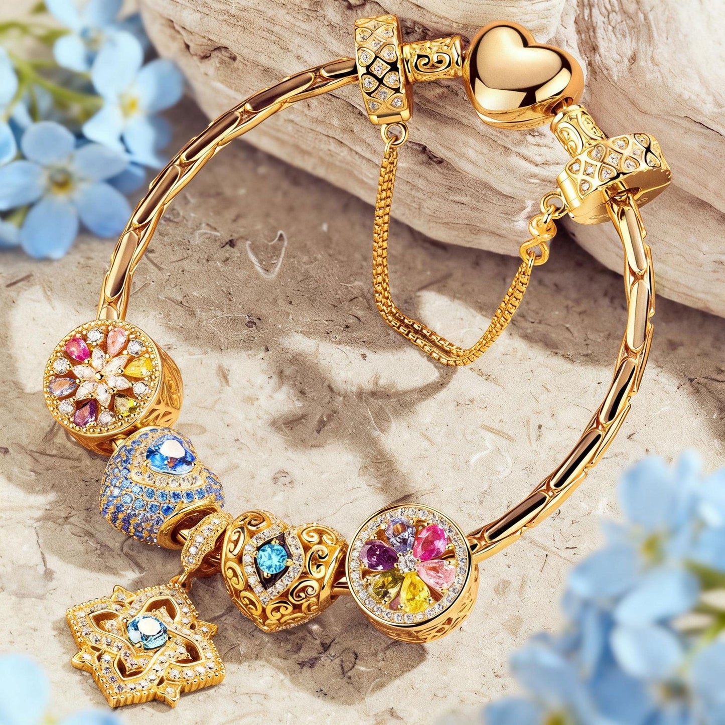 Sterling Silver Amour and Blossom Birthstone Charms Bracelet Set With Enamel In 14K Gold Plated (Includes bracelet and all charms shown)