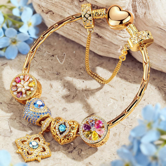gona- Sterling Silver Amour and Blossom Birthstone Charms Bracelet Set With Enamel In 14K Gold Plated (Includes bracelet and all charms shown)
