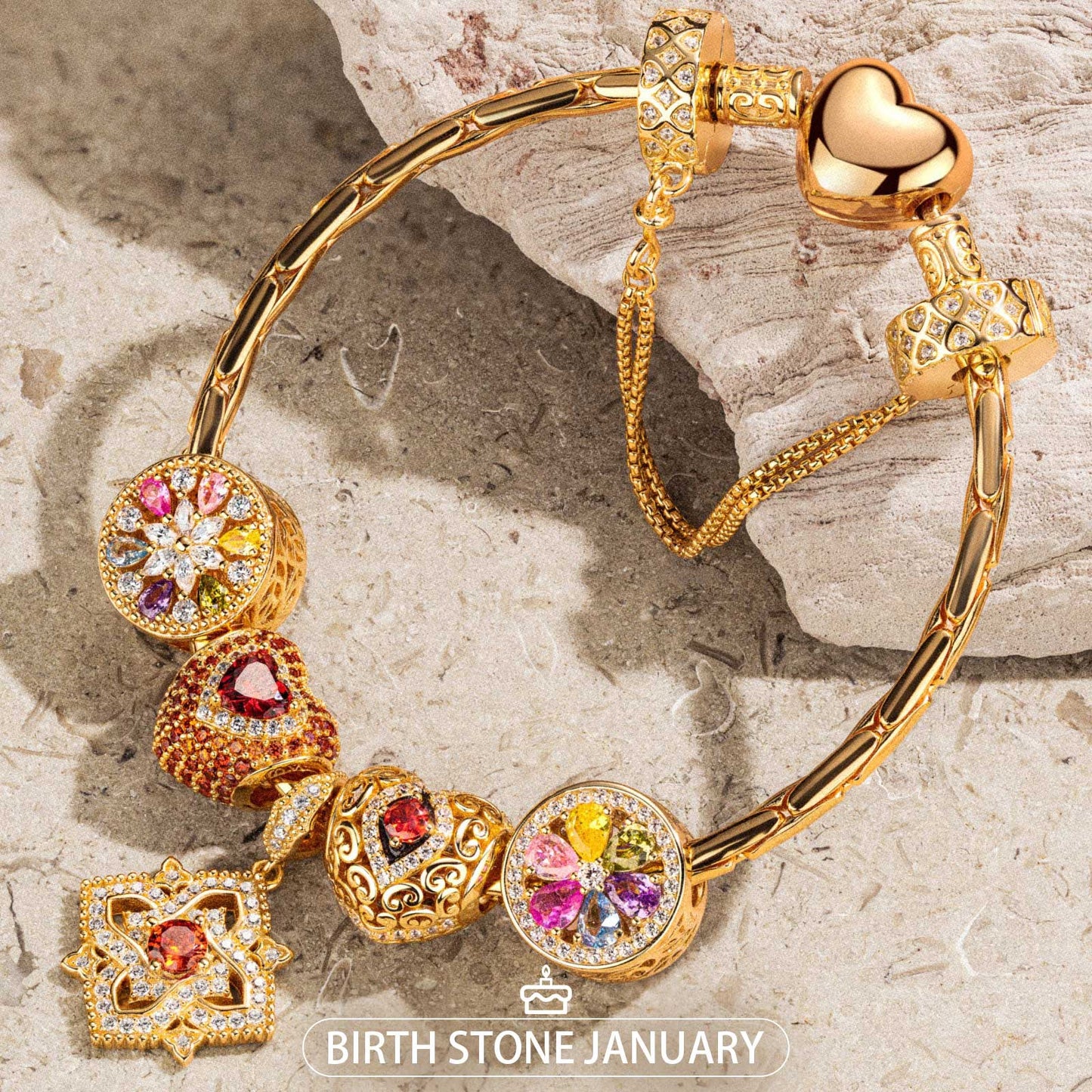 Sterling Silver Amour and Blossom Birthstone Charms Bracelet Set With Enamel In 14K Gold Plated