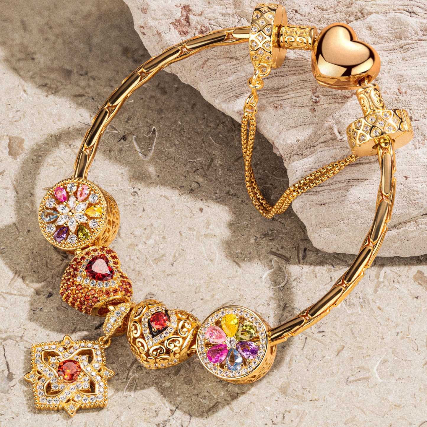 Sterling Silver Amour and Blossom Birthstone Charms Bracelet Set With Enamel In 14K Gold Plated