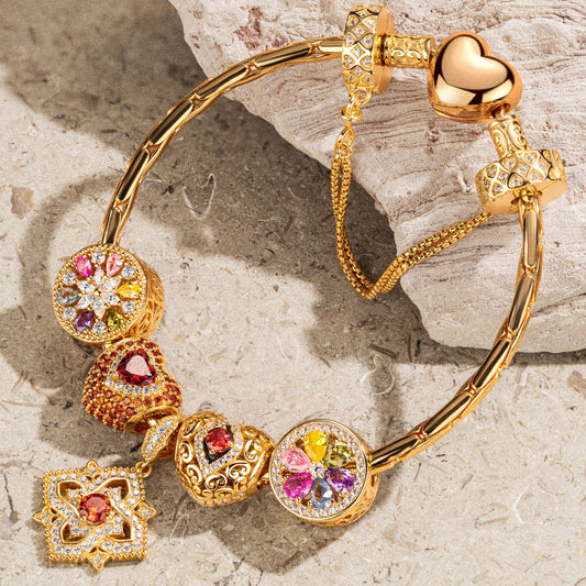gon- Sterling Silver Amour and Blossom Birthstone Charms Bracelet Set With Enamel In 14K Gold Plated