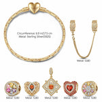 Sterling Silver Amour and Blossom Birthstone Charms Bracelet Set With Enamel In 14K Gold Plated