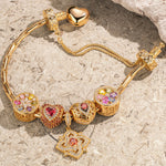 Sterling Silver Amour and Blossom Birthstone Charms Bracelet Set With Enamel In 14K Gold Plated