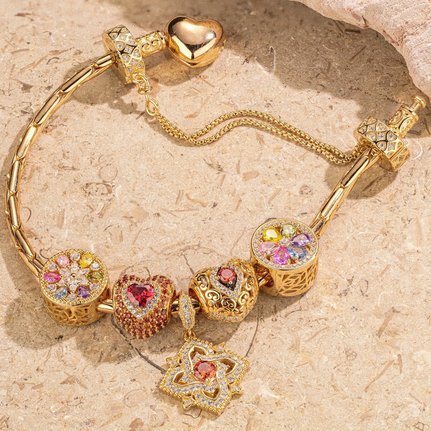 Sterling Silver Amour and Blossom Birthstone Charms Bracelet Set With Enamel In 14K Gold Plated (Includes bracelet and all charms shown)