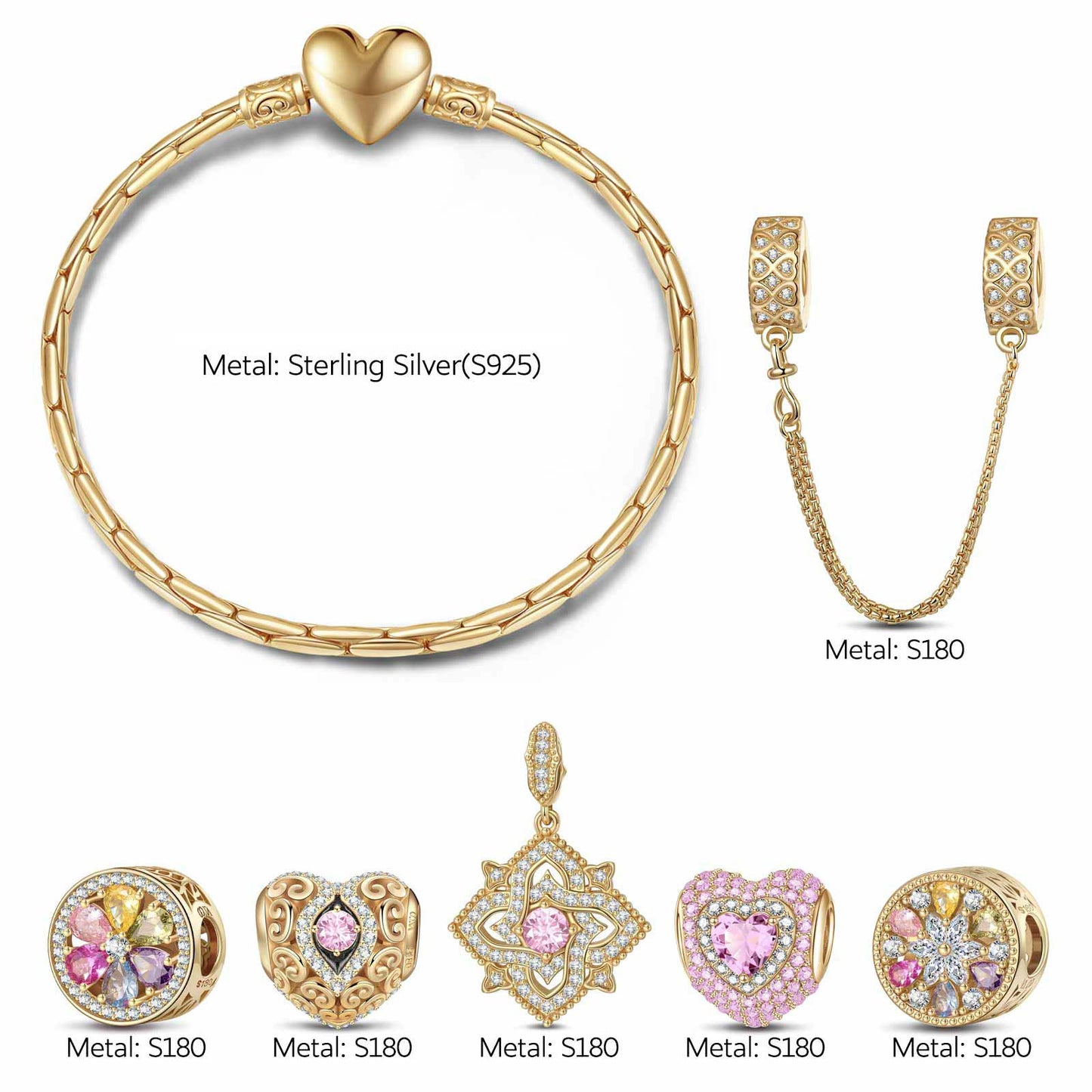 Sterling Silver Amour and Blossom Birthstone Charms Bracelet Set With Enamel In 14K Gold Plated (Includes bracelet and all charms shown)