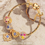 Sterling Silver Amour and Blossom Birthstone Charms Bracelet Set With Enamel In 14K Gold Plated (Includes bracelet and all charms shown)