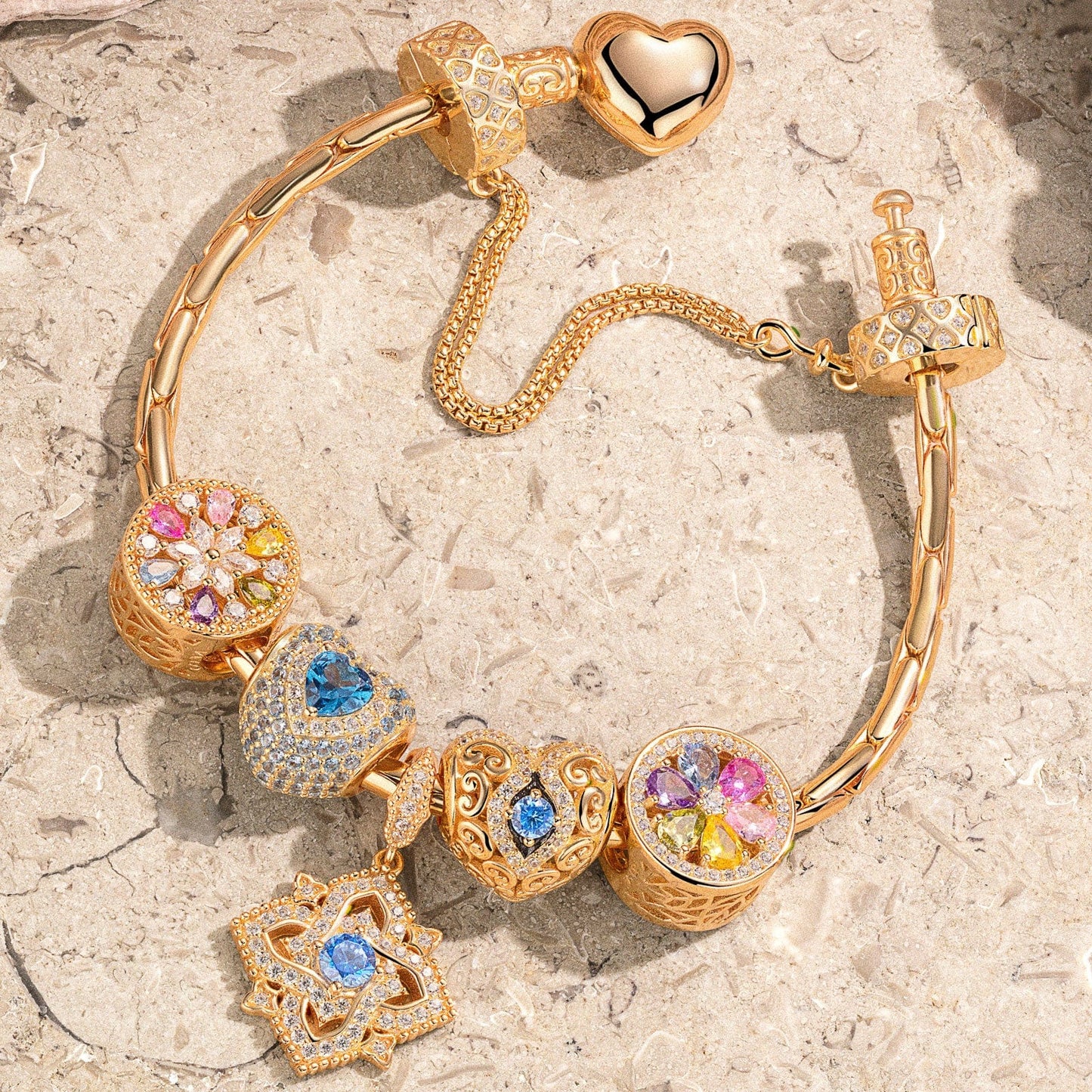 Sterling Silver Amour and Blossom Birthstone Charms Bracelet Set With Enamel In 14K Gold Plated (Includes bracelet and all charms shown)