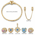 Sterling Silver Amour and Blossom Birthstone Charms Bracelet Set With Enamel In 14K Gold Plated (Includes bracelet and all charms shown)