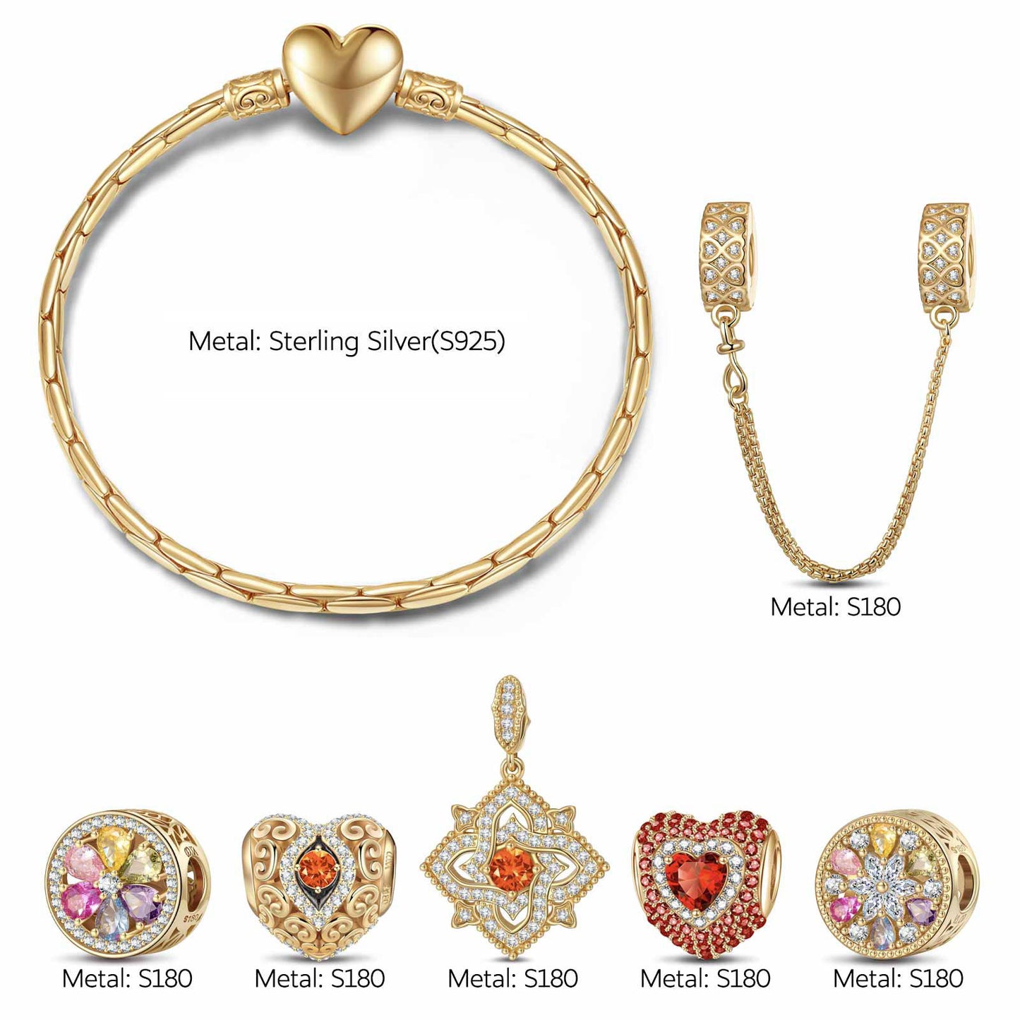 Sterling Silver Amour and Blossom Birthstone Charms Bracelet Set With Enamel In 14K Gold Plated (Includes bracelet and all charms shown)