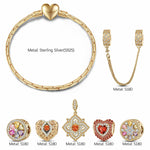 Sterling Silver Amour and Blossom Birthstone Charms Bracelet Set With Enamel In 14K Gold Plated (Includes bracelet and all charms shown)