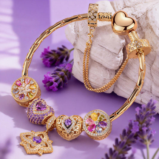 gona- Sterling Silver Amour and Blossom Birthstone Charms Bracelet Set With Enamel In 14K Gold Plated (Includes bracelet and all charms shown)