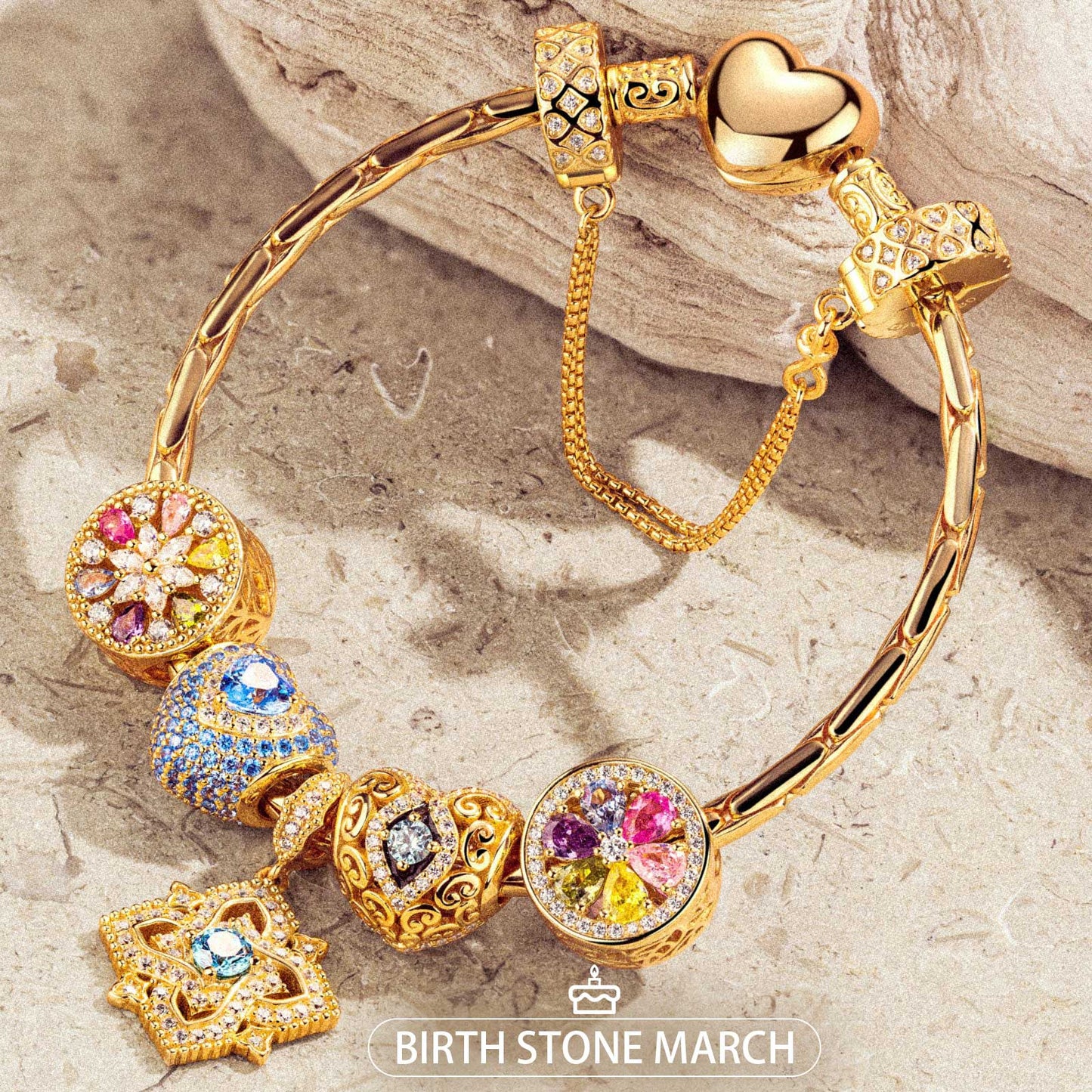 Sterling Silver Amour and Blossom Birthstone Charms Bracelet Set With Enamel In 14K Gold Plated (Includes bracelet and all charms shown)