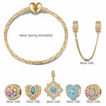 Sterling Silver Amour and Blossom Birthstone Charms Bracelet Set With Enamel In 14K Gold Plated (Includes bracelet and all charms shown)