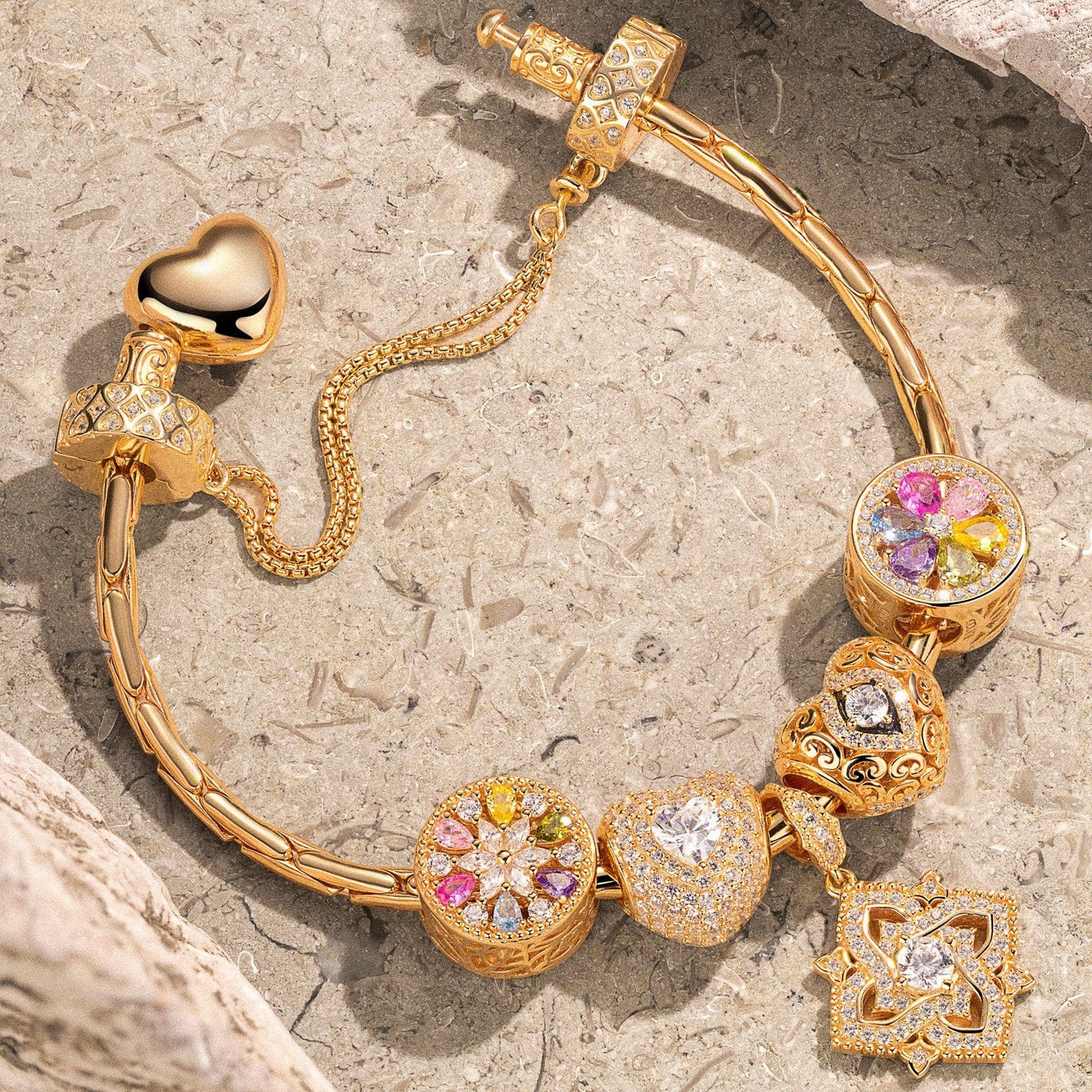 Sterling Silver Amour and Blossom Birthstone Charms Bracelet Set With Enamel In 14K Gold Plated (Includes bracelet and all charms shown)