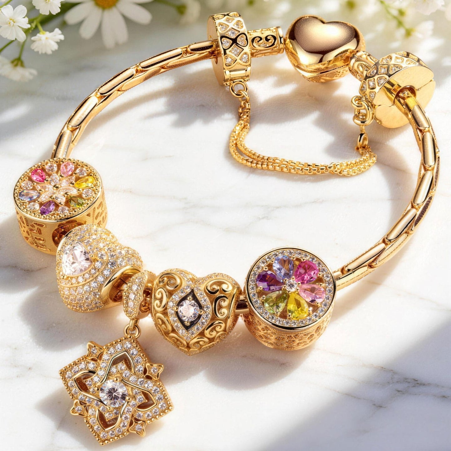 Sterling Silver Amour and Blossom Birthstone Charms Bracelet Set With Enamel In 14K Gold Plated (Includes bracelet and all charms shown)