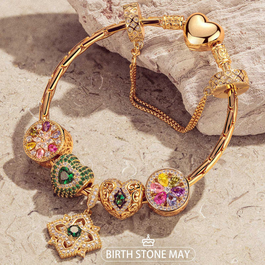 gon- Sterling Silver Amour and Blossom Birthstone Charms Bracelet Set With Enamel In 14K Gold Plated (Includes bracelet and all charms shown)