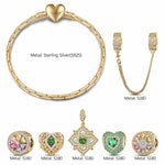 Sterling Silver Amour and Blossom Birthstone Charms Bracelet Set With Enamel In 14K Gold Plated (Includes bracelet and all charms shown)