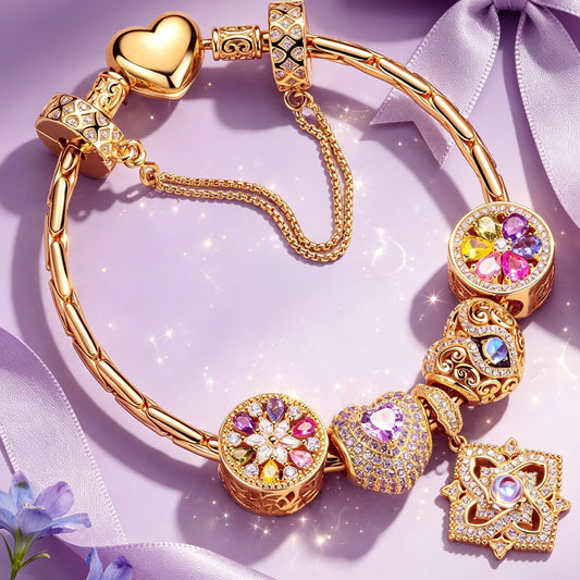 gona- Sterling Silver Amour and Blossom Birthstone Charms Bracelet Set With Enamel In 14K Gold Plated (Includes bracelet and all charms shown)
