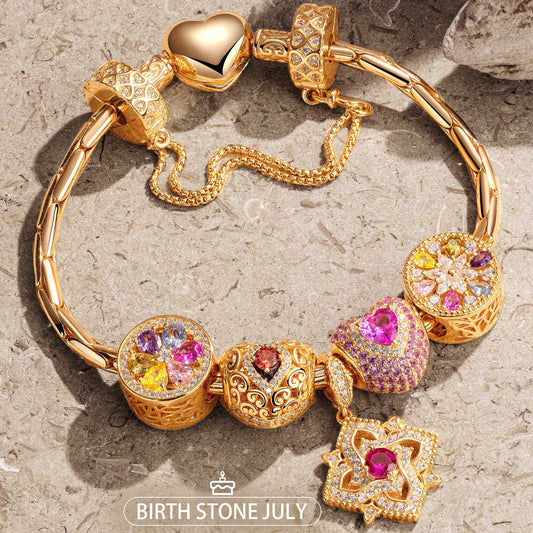 gon- Sterling Silver Amour and Blossom Birthstone Charms Bracelet Set With Enamel In 14K Gold Plated